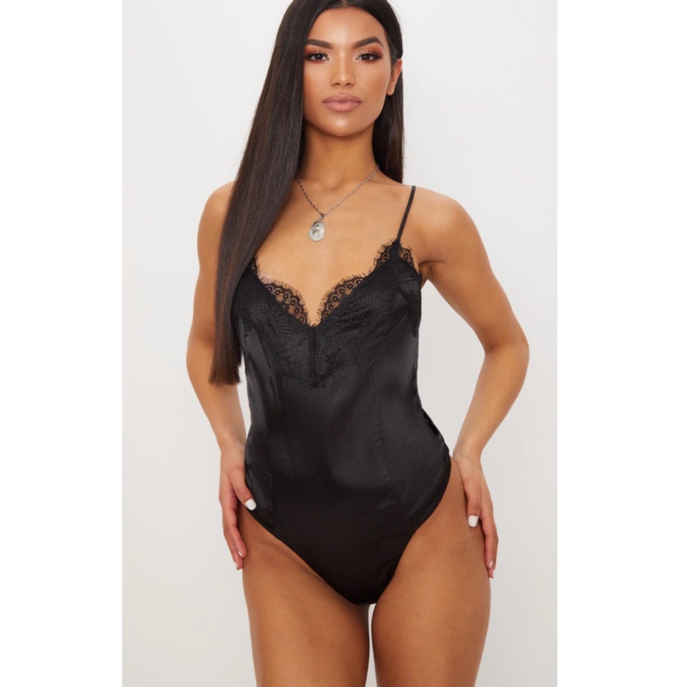 PLT Black Eyelash Lace Trim Thong Bodysuit